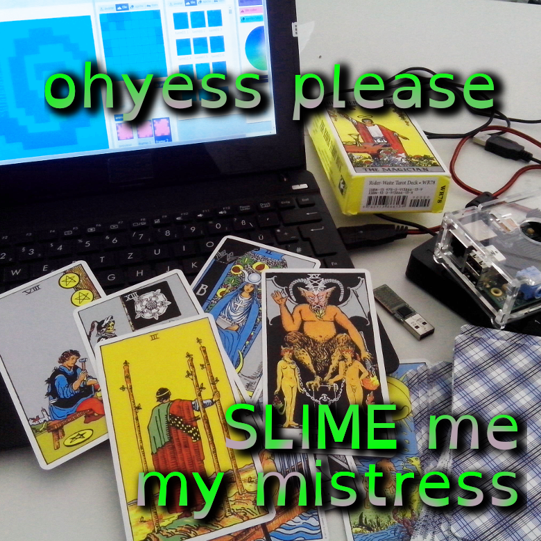 a bunch of tarot cards and a raspberry pi with text overlay it that reads: 'oh yes please SLIME me my mistress'